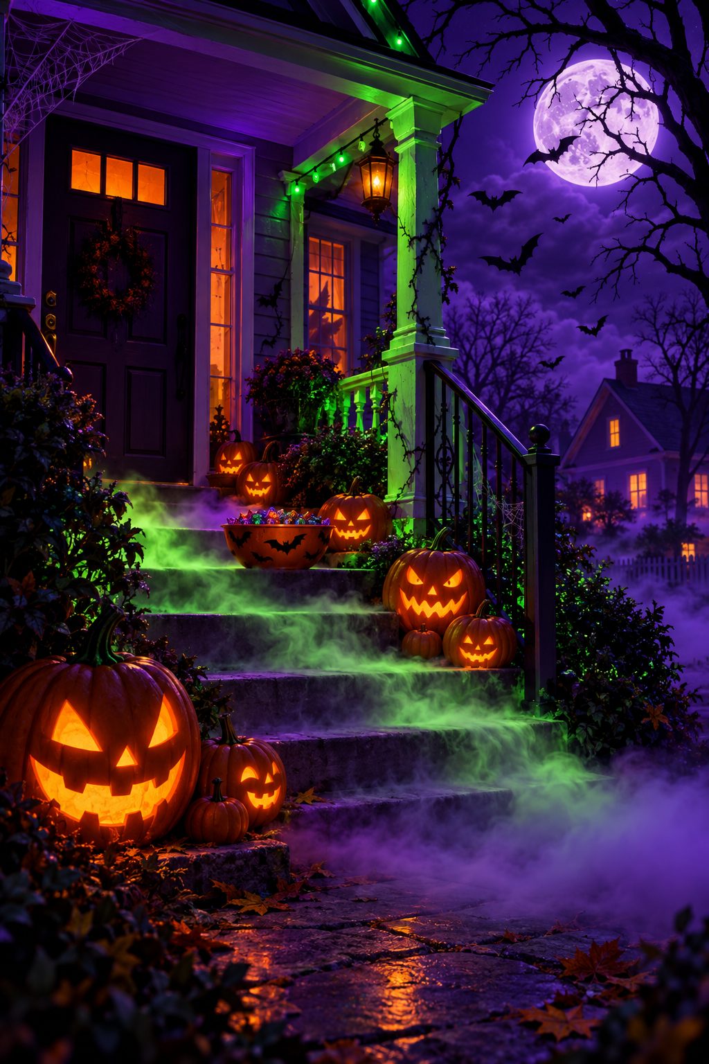 Glowing jack-o-lanterns on a foggy porch