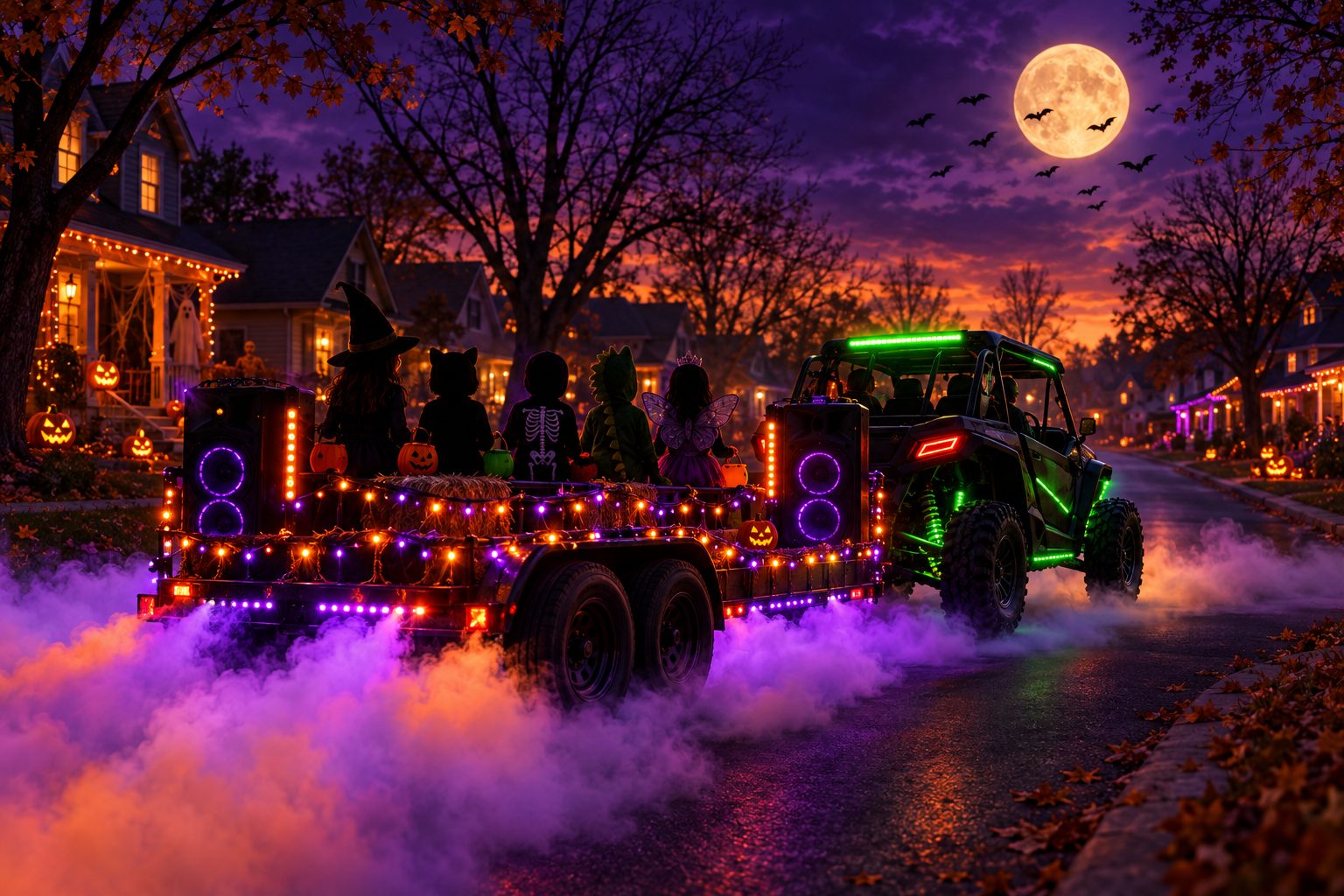 The Party Wagon rolling through a foggy neighborhood on Halloween night